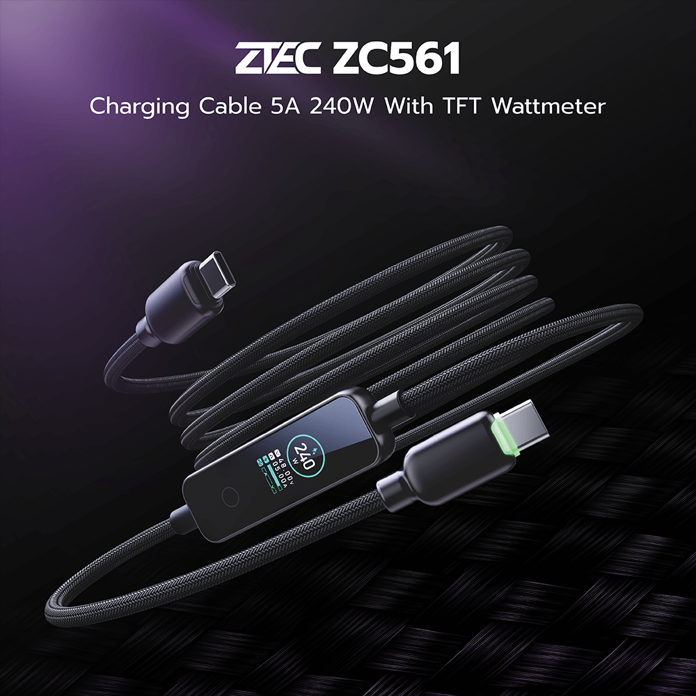 สายชาร์จเร็ว ZTEC รุ่น ZC561 USB-C TO USB-C 1.2 เมตร สีดำ 5A 240W หน้าจอ TFT